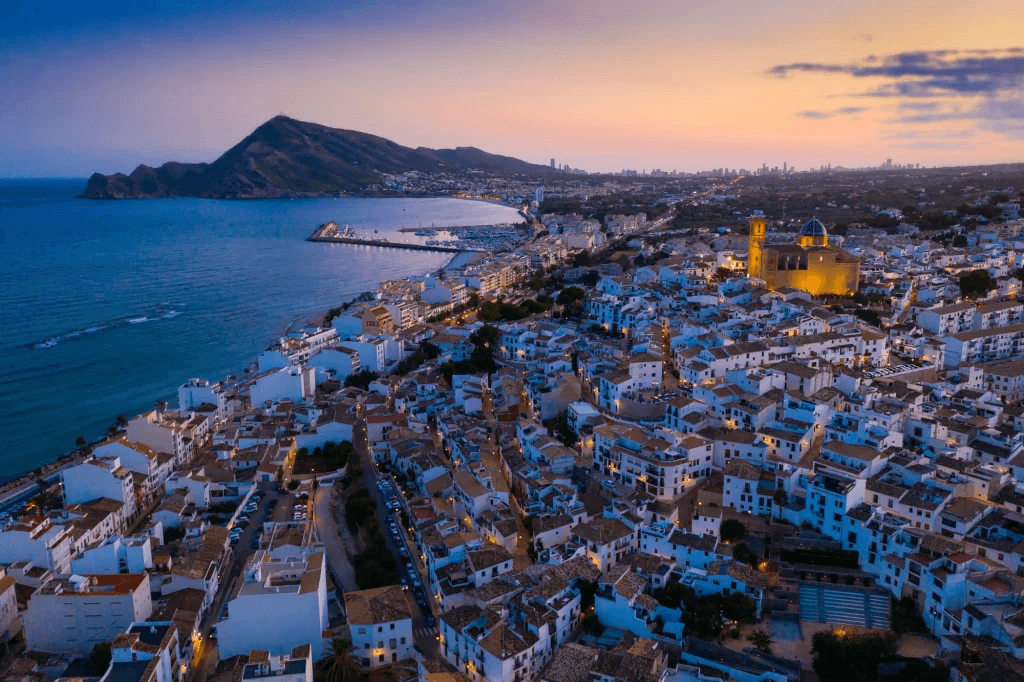 Aerial view of Altea coastline and Mediterranean sea in Costa Blanca North