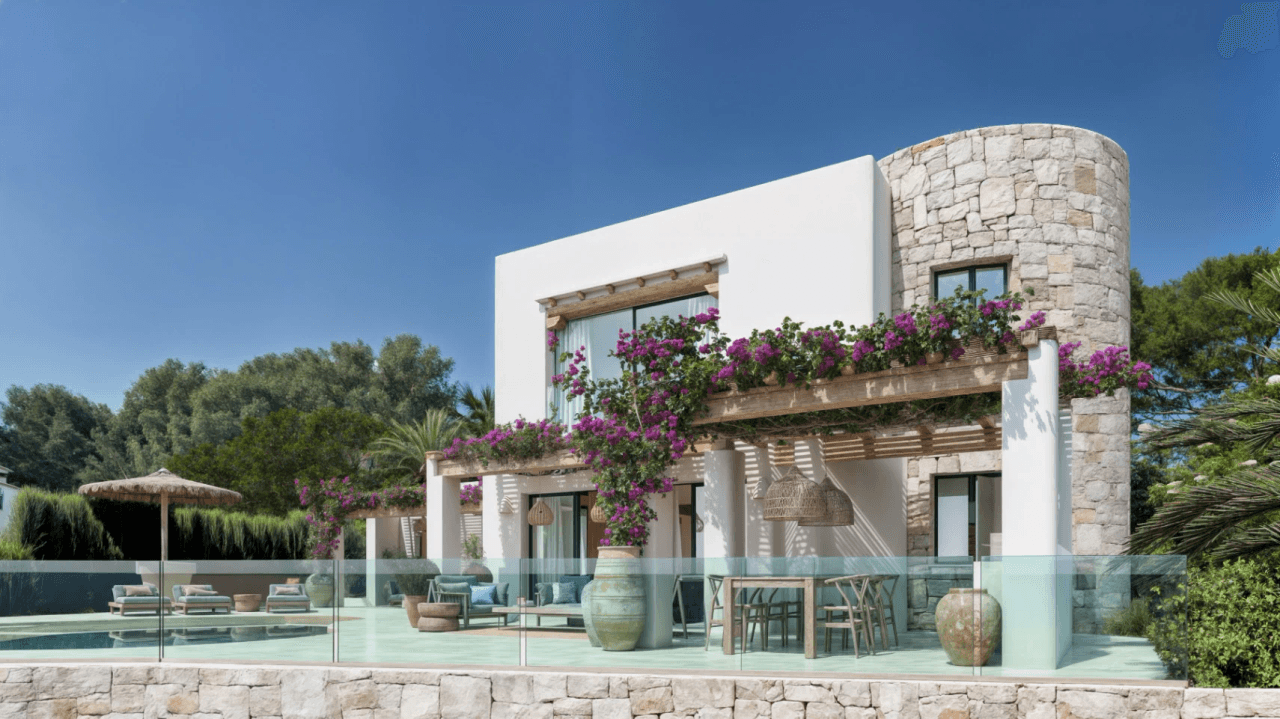 Exclusieve Ibiza-stijl villa met panoramisch zee- en bergzicht in Moraira
