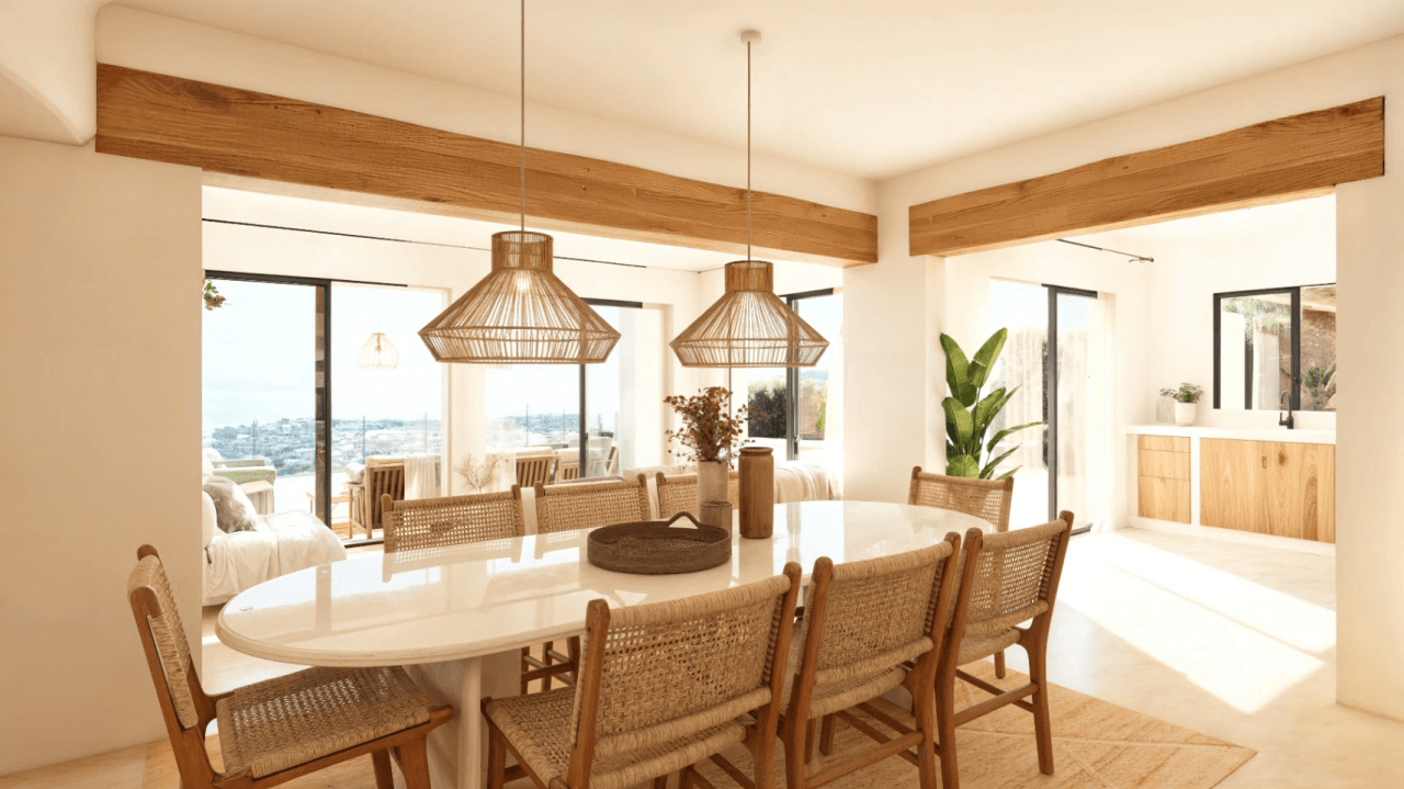 Exclusieve Ibiza-stijl villa met panoramisch zee- en bergzicht in Moraira