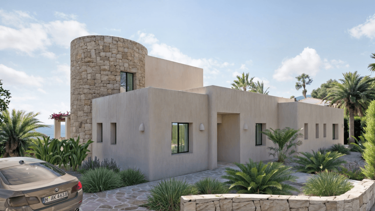 Exclusieve Ibiza-stijl villa met panoramisch zee- en bergzicht in Moraira