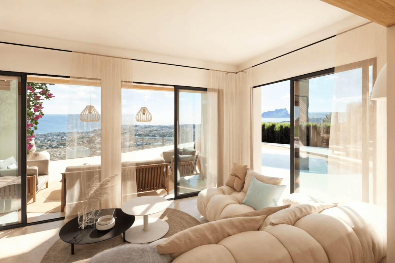 Exclusieve Ibiza-stijl villa met panoramisch zee- en bergzicht in Moraira