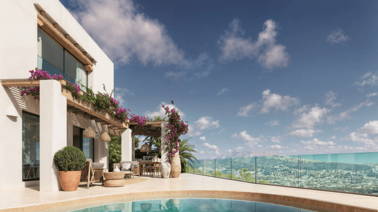 Exclusieve Ibiza-stijl villa met panoramisch zee- en bergzicht in Moraira